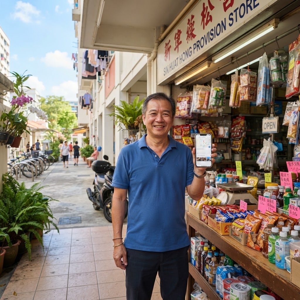 Singapore small business owner checking an affordable website on a smartphone outside a heartland shop