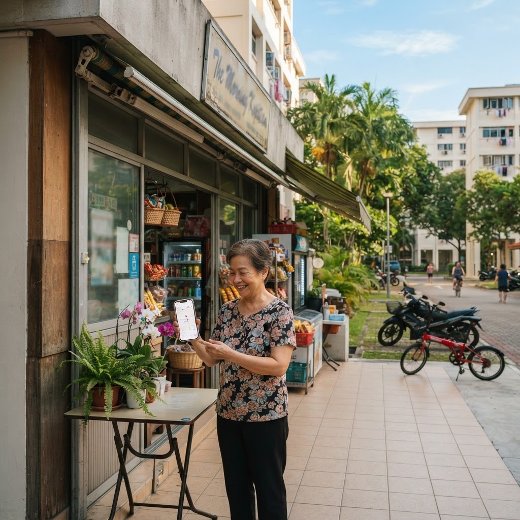 Singapore small business owner checking Google Maps on phone — cheap SEO Singapore for small business