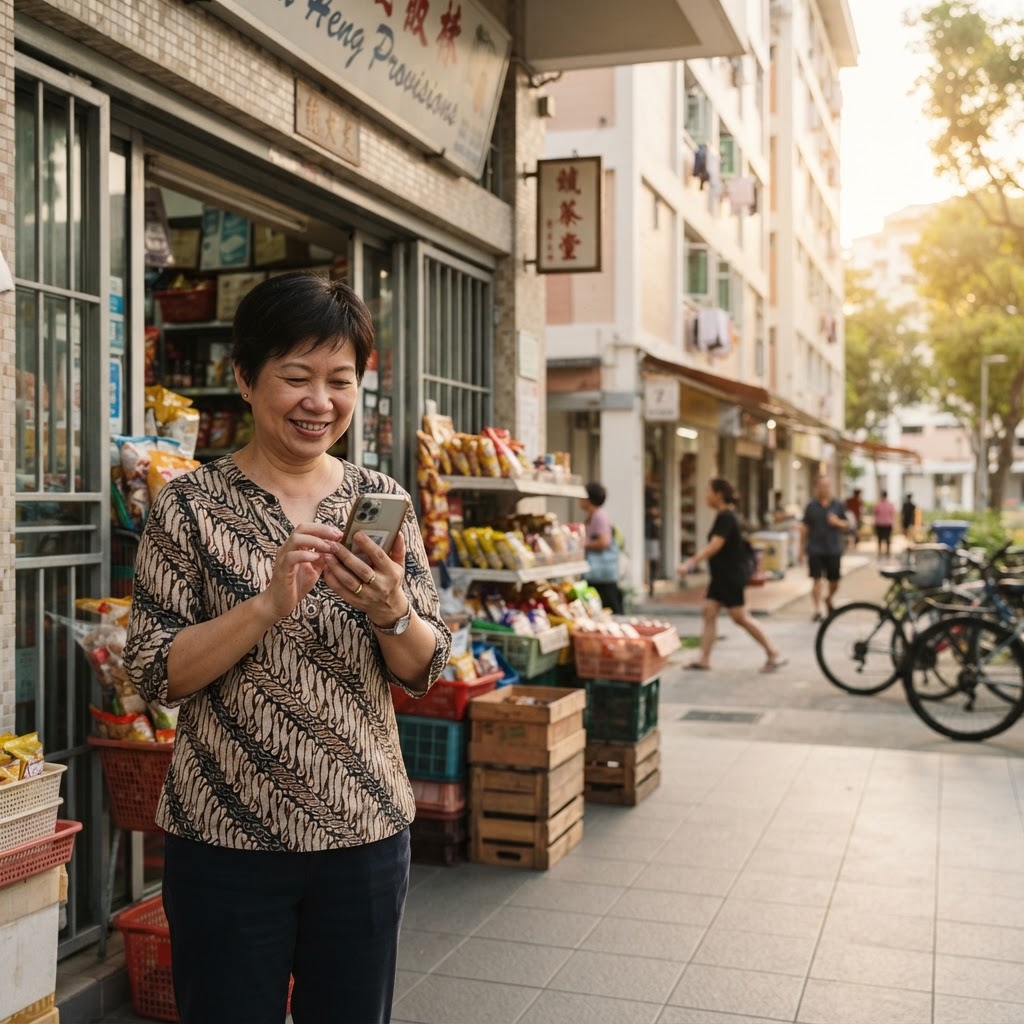 Singapore small-business owner outside a HDB shopfront wondering whether a Facebook page is enough or if they need a website