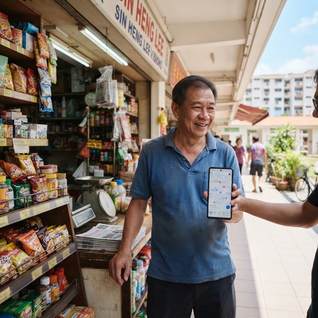 Singapore small business owner checking cheap SEO results on phone outside heartland shopfront