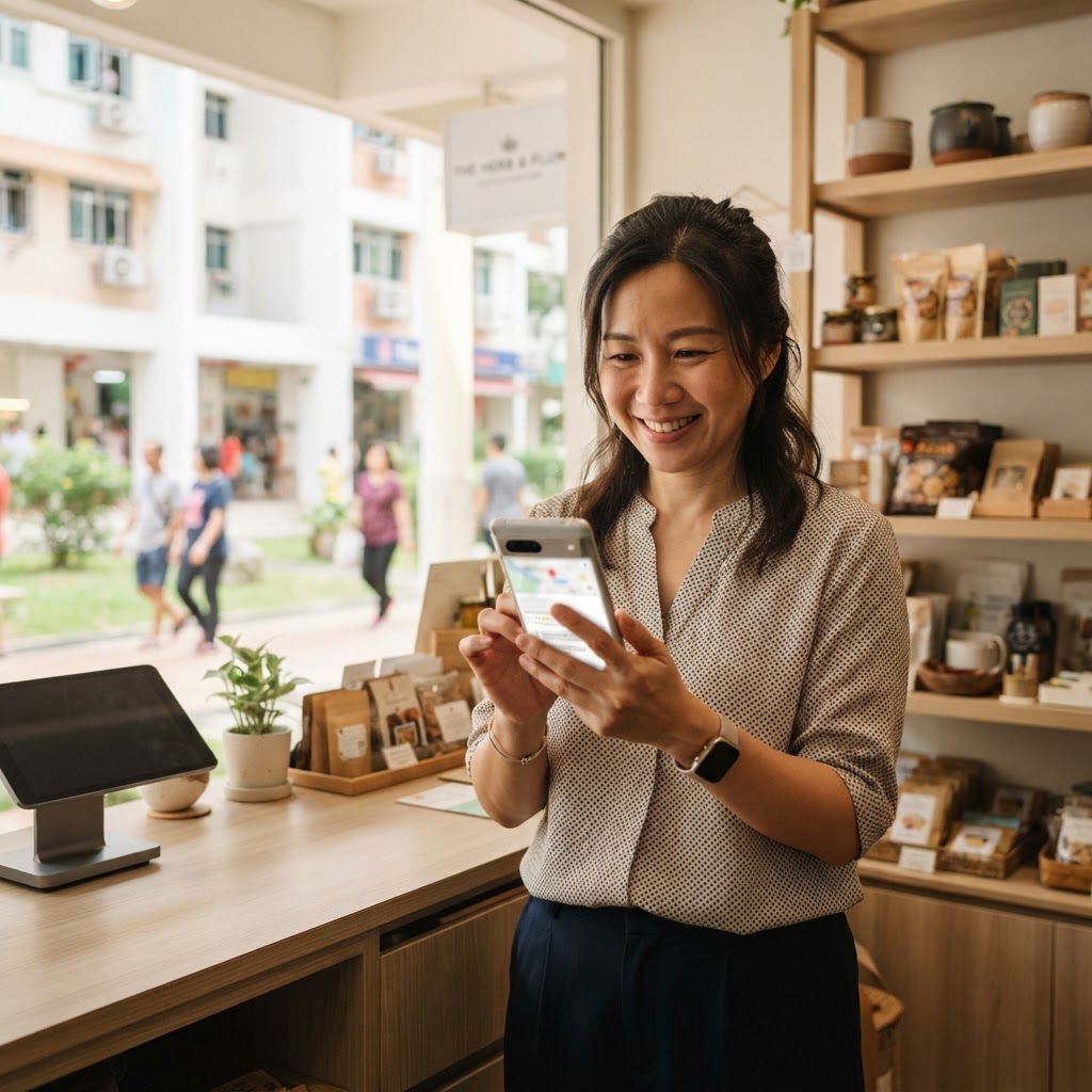 Singapore small business owner checking Google search results on phone — how long does SEO take for a new small business in Singapore