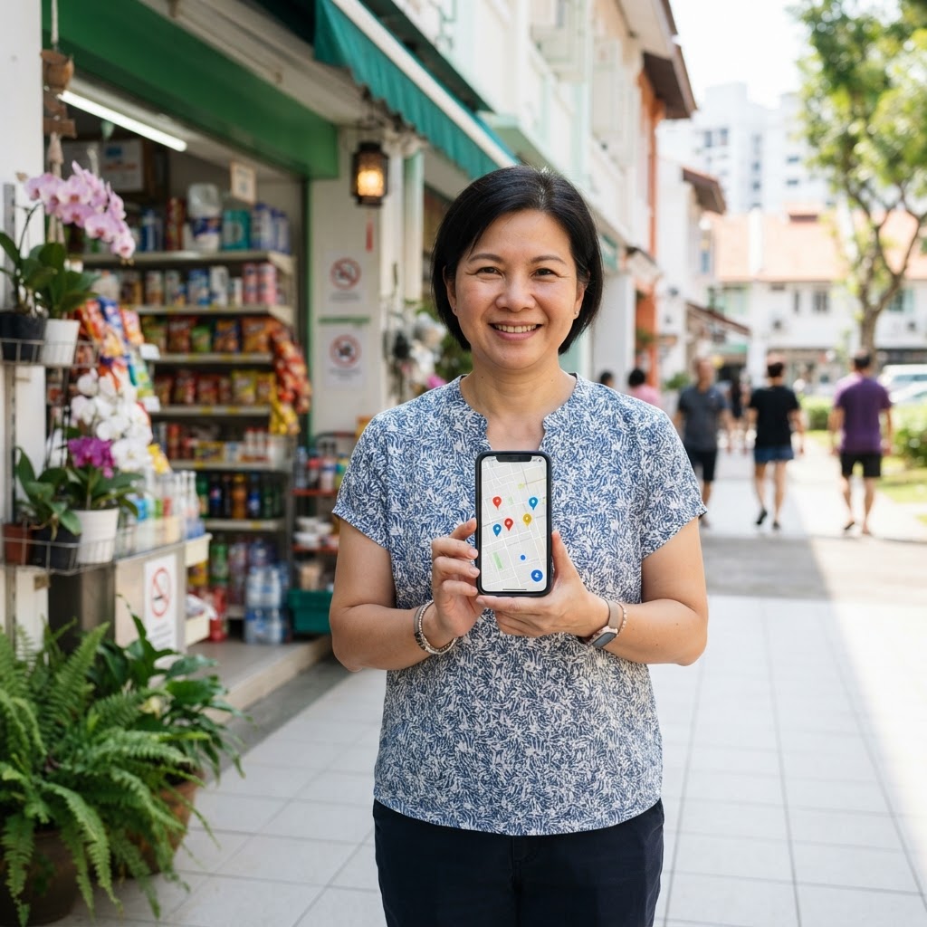 Singapore small business owner checking how to appear on Google Maps on a smartphone outside a local shopfront