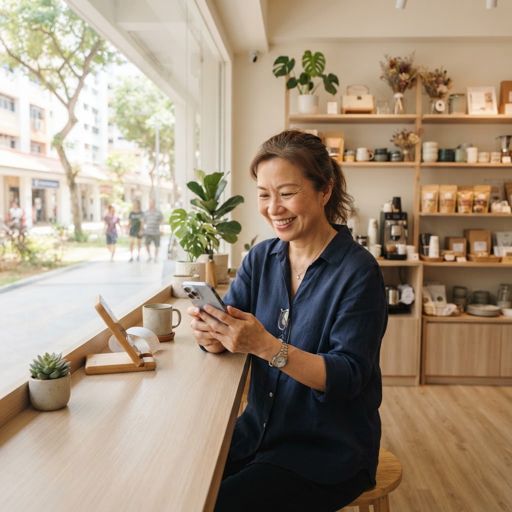 Singapore small business owner checking how to get their business recommended by ChatGPT on a smartphone