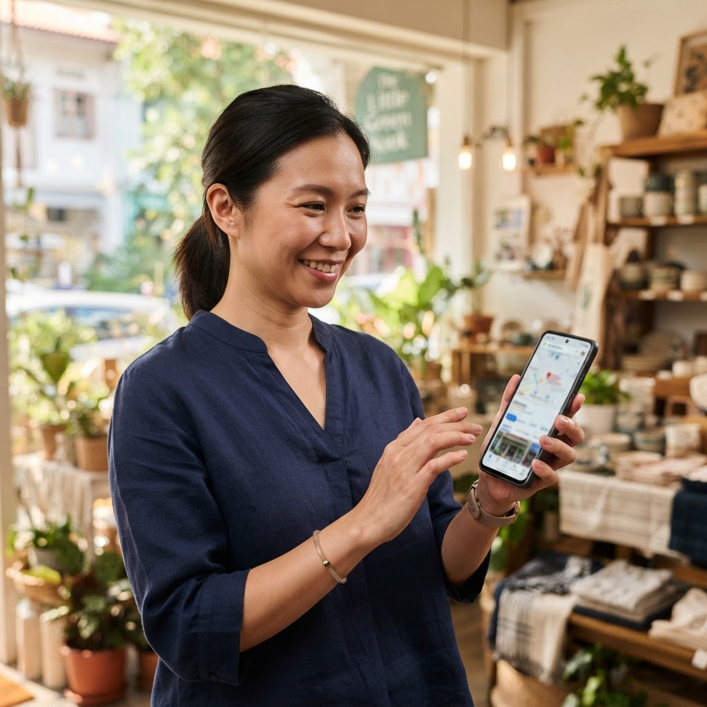 Singapore small business owner checking how to get a new business on Google using a smartphone near a shopfront