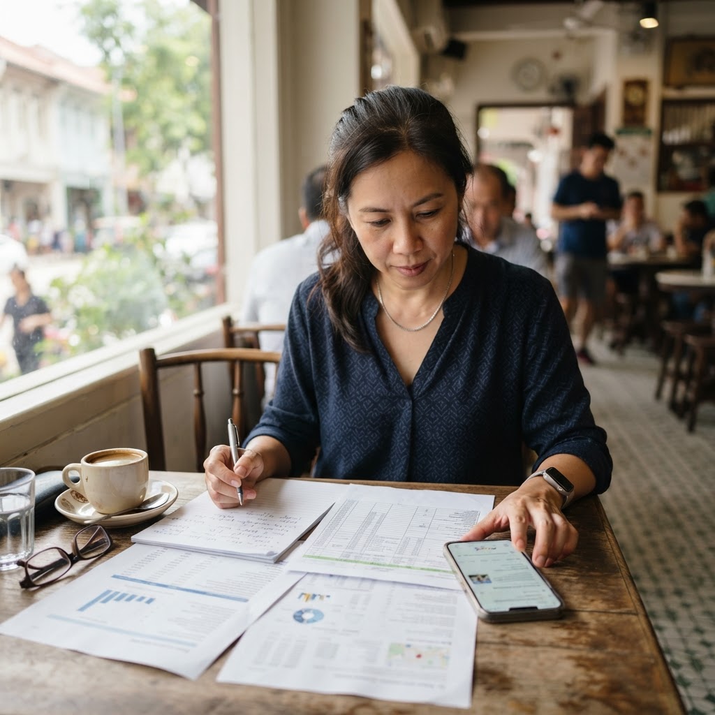 Singapore small business owner reviewing an SEO proposal at a coffee shop table