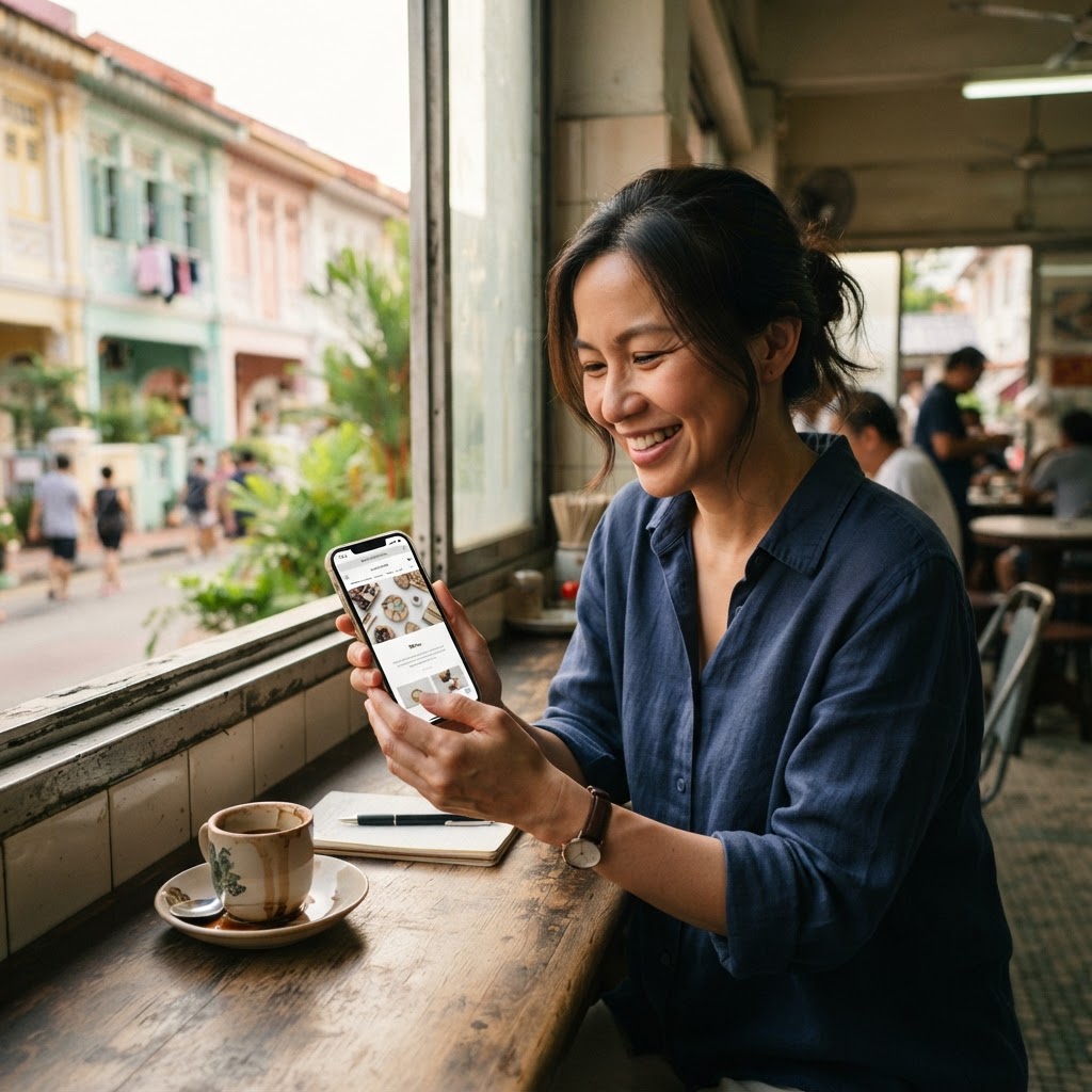 Singapore small business owner starting a website for a new business on a smartphone