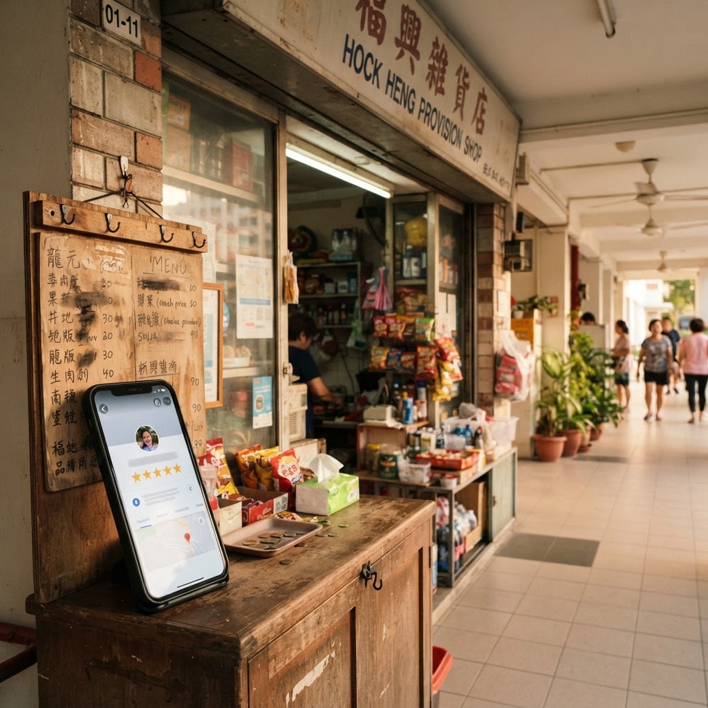 Singapore small business owner with many Google reviews but no website, viewing Google Maps listing on phone at shopfront