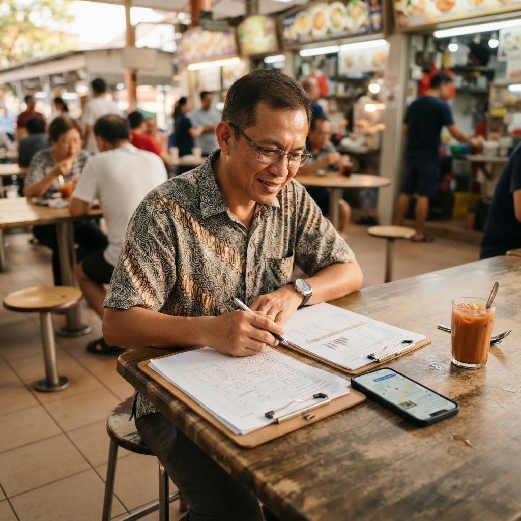 Singapore small business owner comparing SEO agency vs monthly subscription options at a table