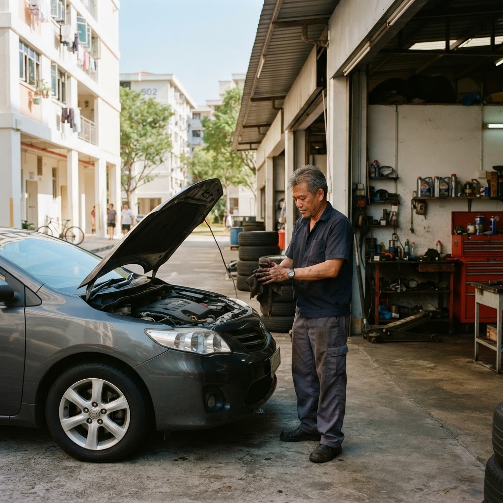 Singapore car workshop exterior used as SEO case study example showing a mechanic at work
