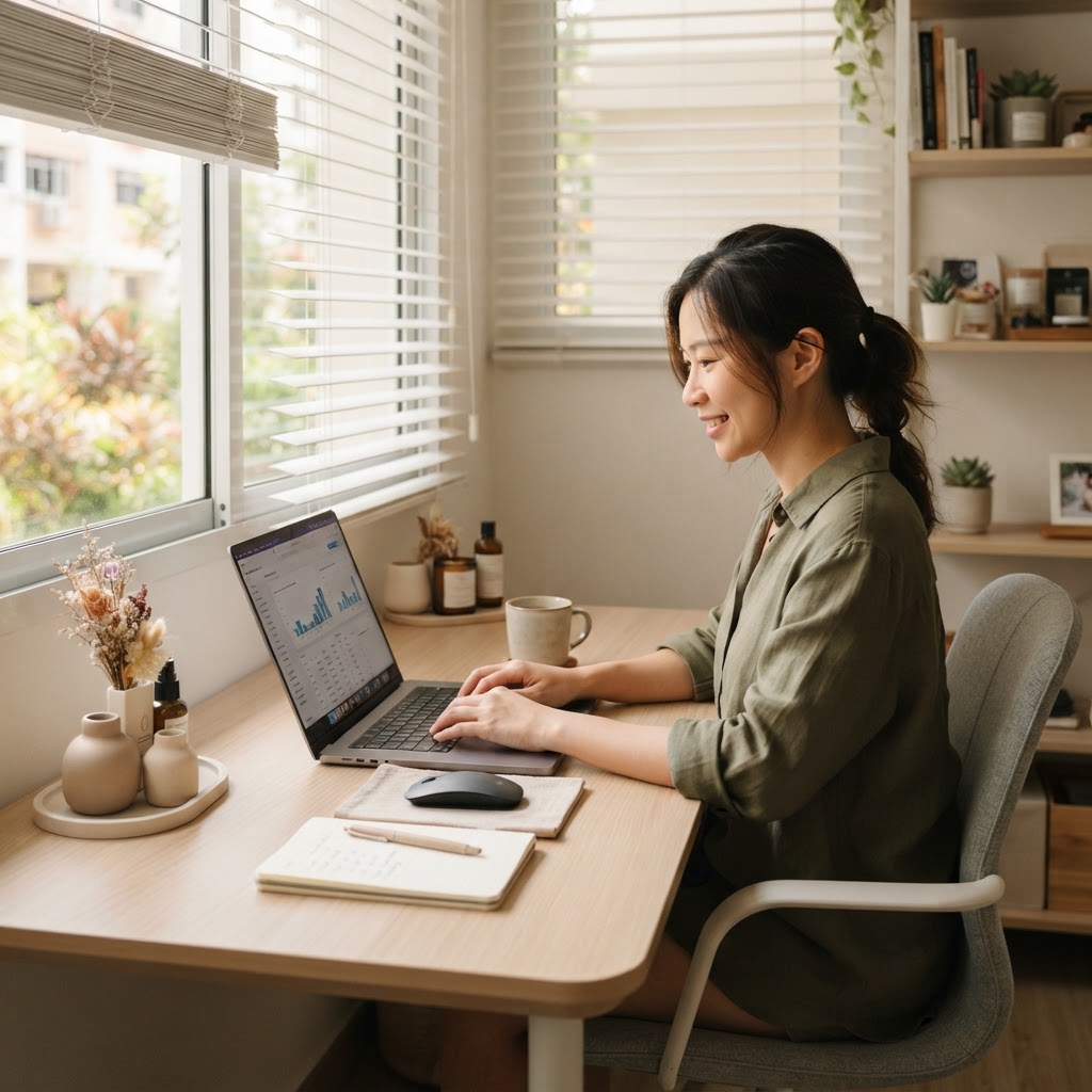 Woman setting up a website for her home based business in Singapore at a home office desk