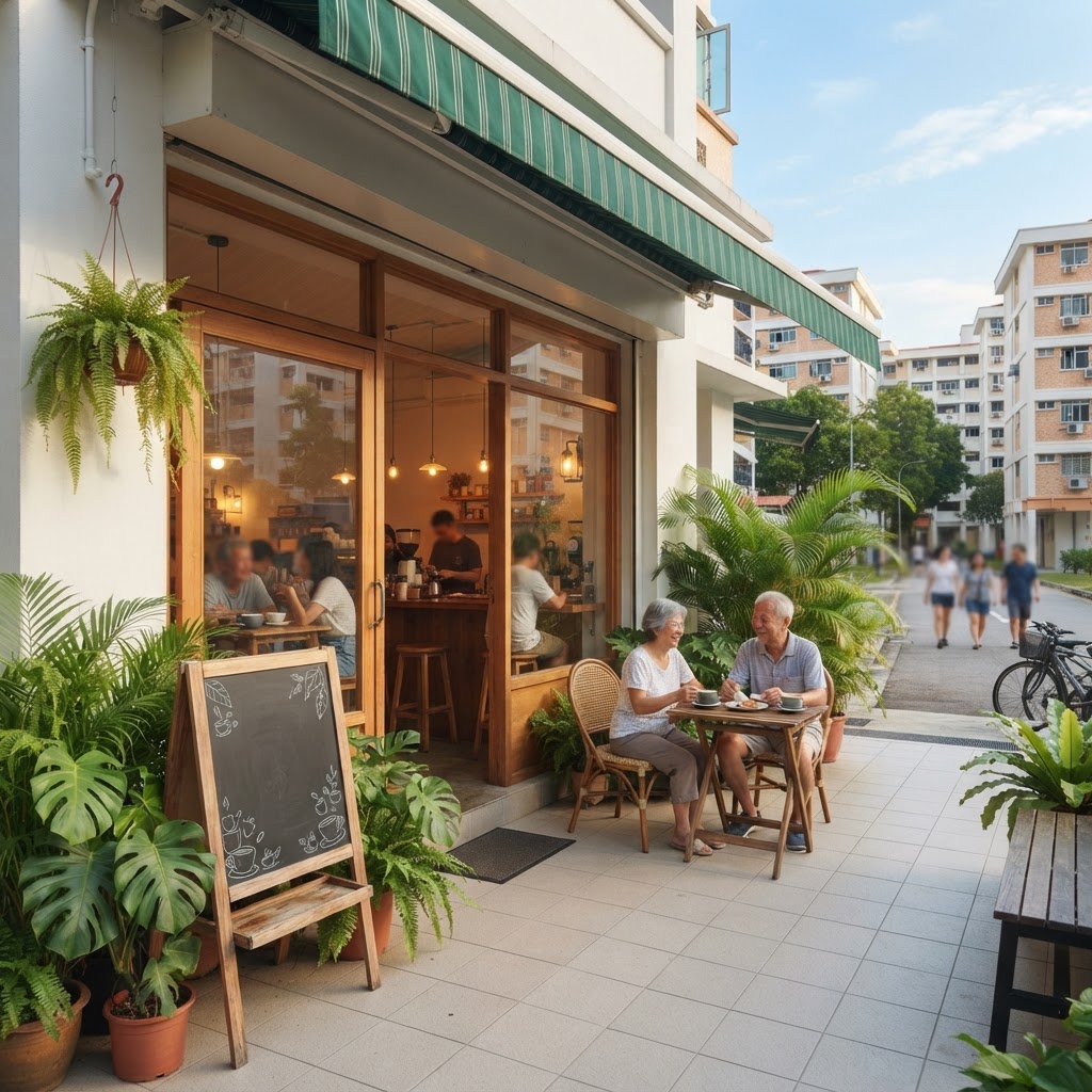 New cafe shopfront in a Singapore HDB neighbourhood ready for its website launch