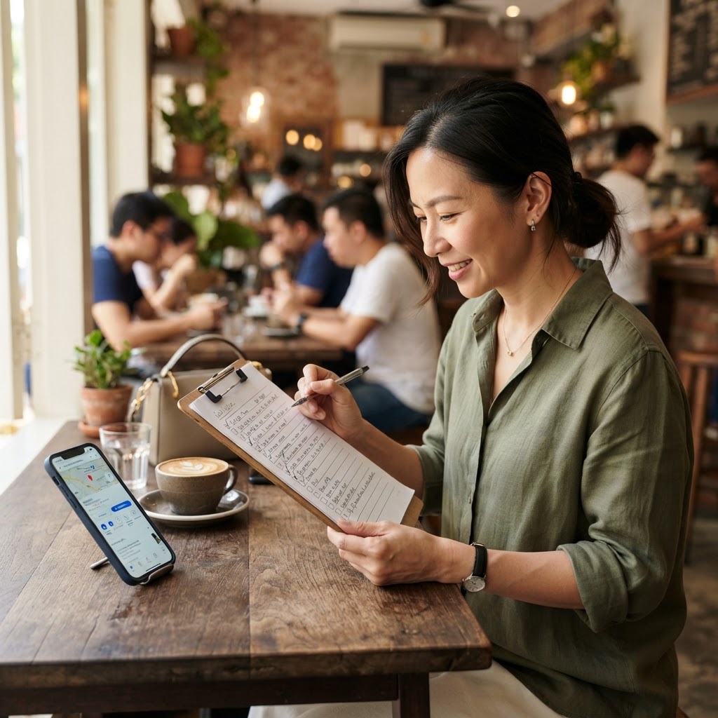 Singapore small business owner reviewing a monthly SEO plan checklist at a local coffee shop